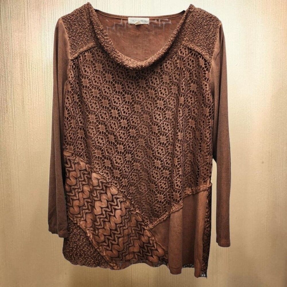 Cactus + Pearl Cowl Neck Top Womens XL Brown Lace Overlay Patchwork Lined Boho